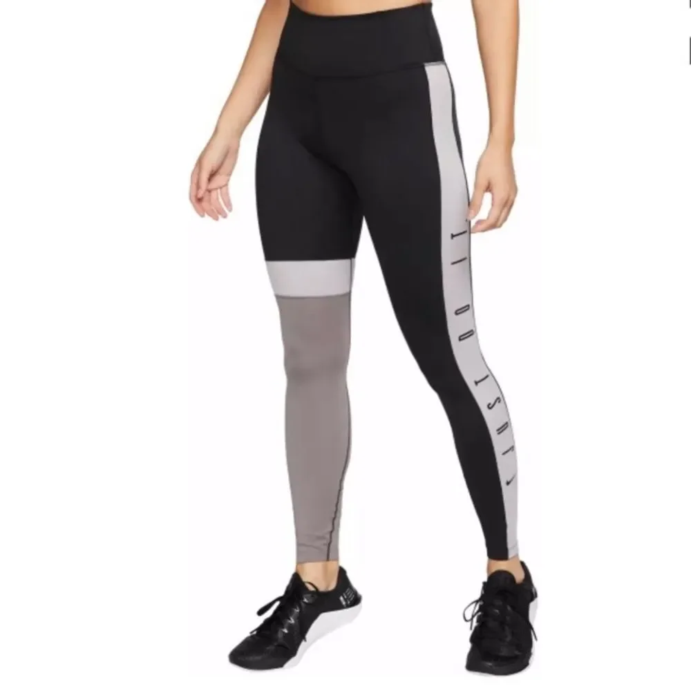 Nike Dri Fit Just Do It Spell Out Black Gray Colorblock Leggings Women Size XS
